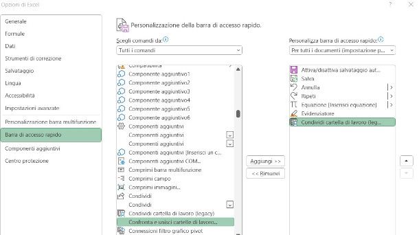 aggiunta comandi di condivisione sulla rete locale in Excel