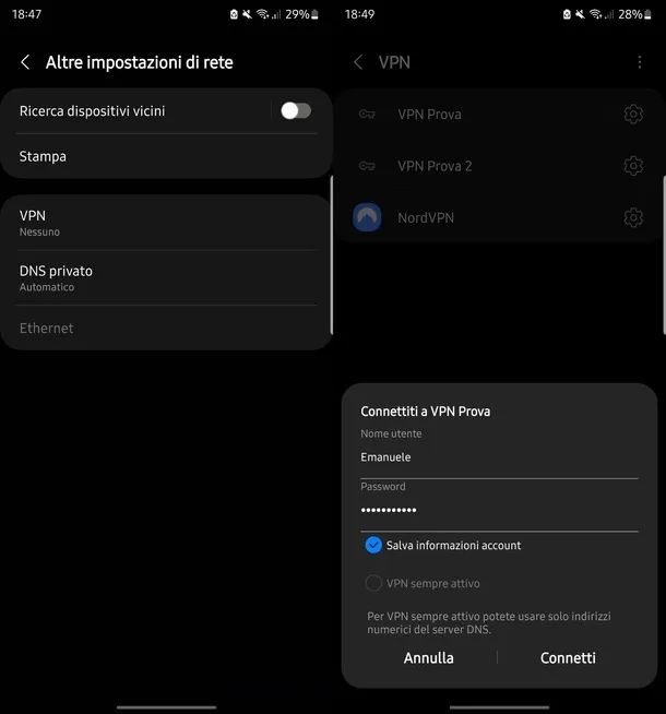 Impostazioni VPN Android Samsung