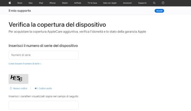 verifica copertura del dispositivo sito Apple