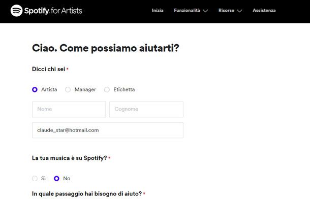 modulo online per contattare Spotify for artists