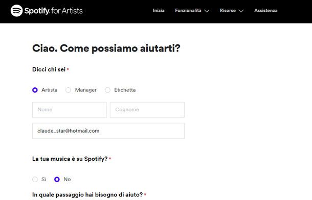 modulo online per contattare Spotify for artists