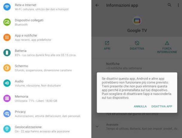 disattivazione app Google TV da smartphone Android