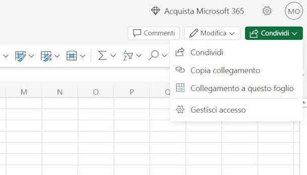 funzioni di condivisione su Excel online