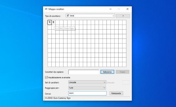 Simbolo euro nella Mappa caratteri