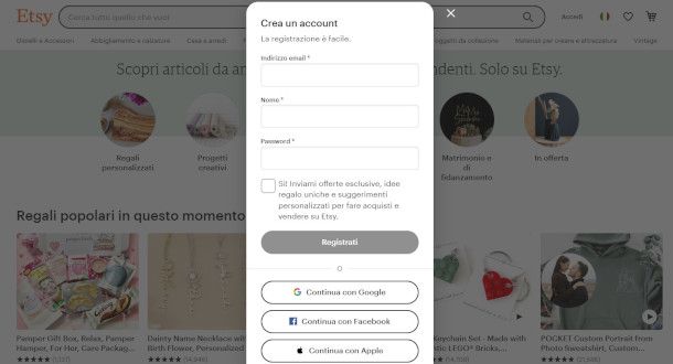 form di iscrizione sul sito di Etsy