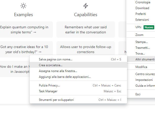 Scorciatoia Chrome per ChatGPT