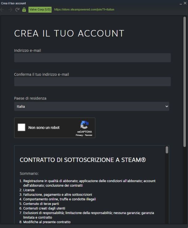 Crea account steam