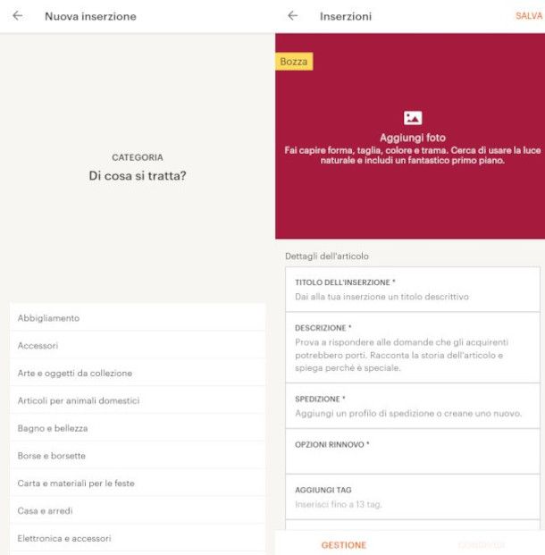 creazione annuncio su app Vendere su Etsy