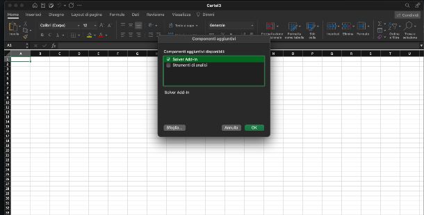 Abilita Solver Excel add-in Mac