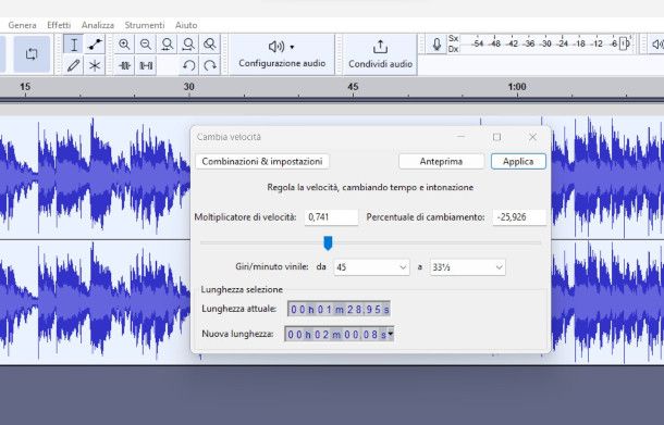 rallentare una canzone con Audacity