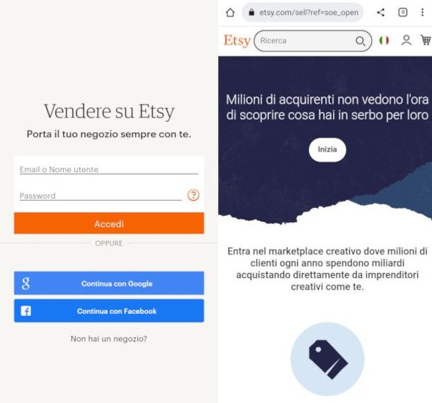 iscrizione Etsy da app Vendere su Etsy