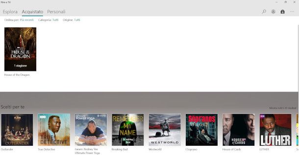 contenuti scaricati da Microsoft Store su app Film&TV Windows