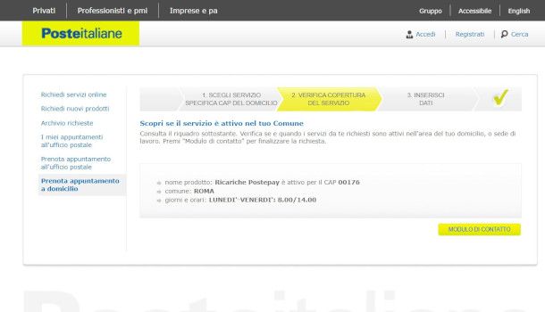 modulo per richiesta appuntamento a domicilio su sito Poste
