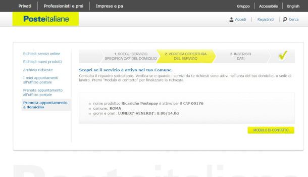 modulo per richiesta appuntamento a domicilio su sito Poste