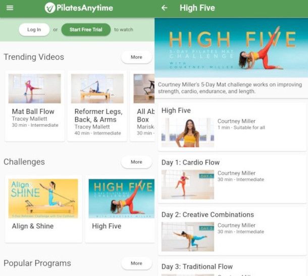 schermate app Pilates Anytime