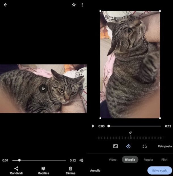 ruotare un filmato su app Google Foto