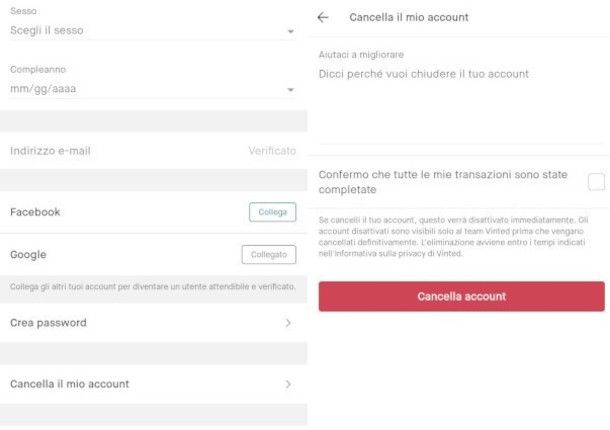 cancellazione account Vinted da app