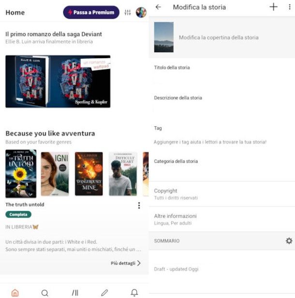 interfaccia app wattPad per scrittura