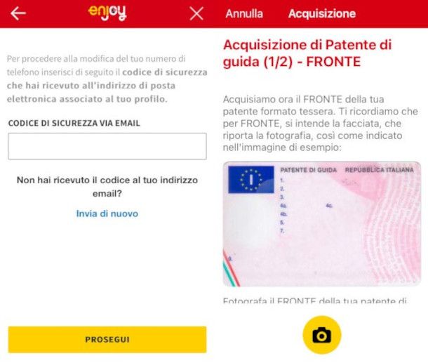 inserimento codice e caricamento documenti app Enjoy