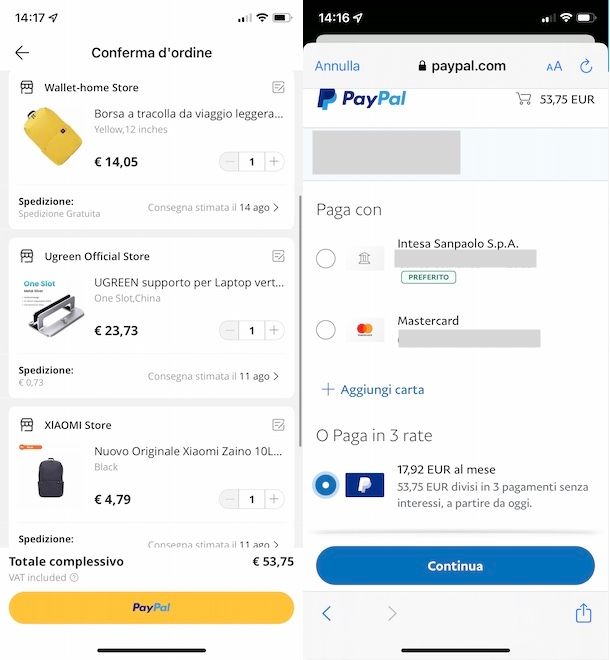 Pagamento in 3 rate PayPal da mobile