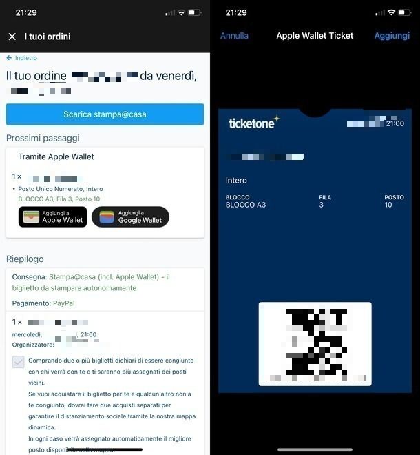 Biglietto TicketOne su Apple Wallet