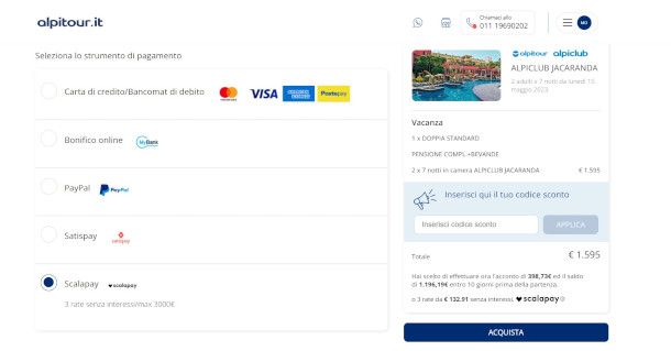 selezione metodo di pagamento Scalapay sito Alpitour