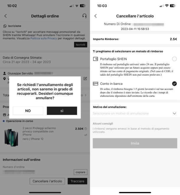 Annullare ordine su SHEIN da mobile