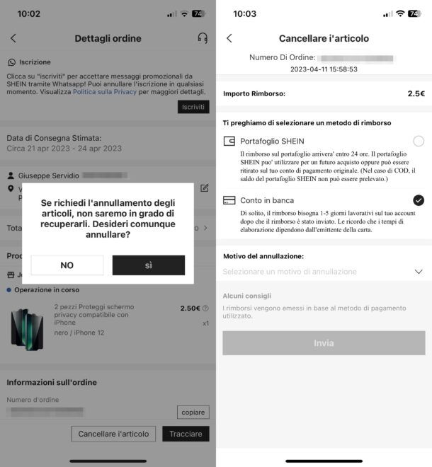 Annullare ordine su SHEIN da mobile