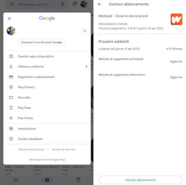 disattivazione abbonamento Premium Wattpad da Play Store Android