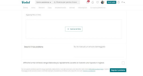 form per contatto assistenza Vinted