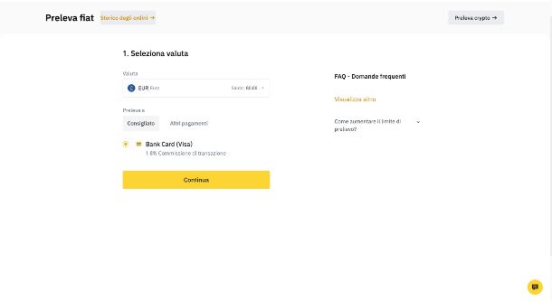 Binance prelievo su Visa