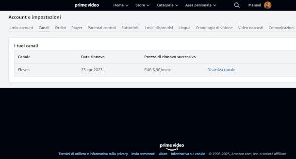 disattivazione canale Eleven Sports da sito Amazon Prime Video