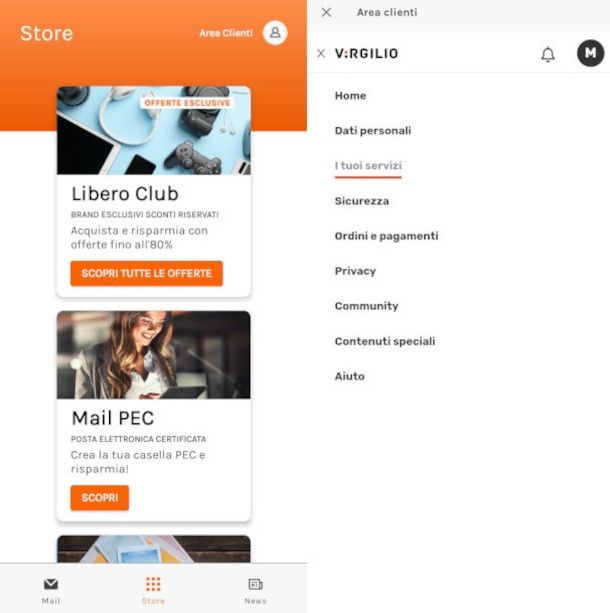 accesso al modulo di contatto dall'app Virgilio Mail