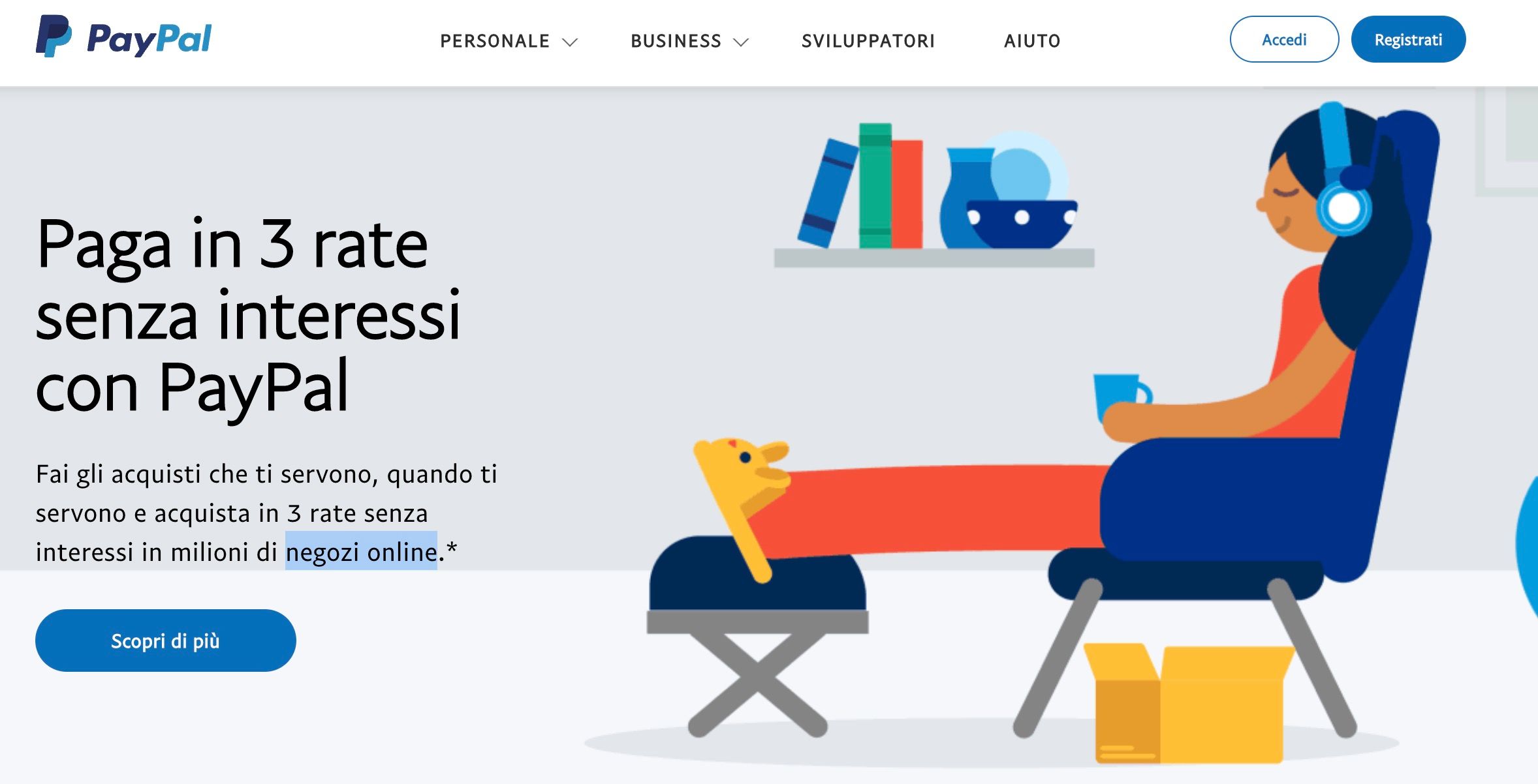 Paga in 3 rate senza interessi con PayPal