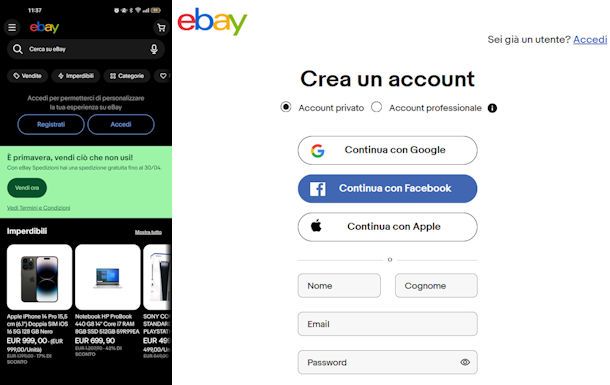 Iscriversi su eBay da app e da PC