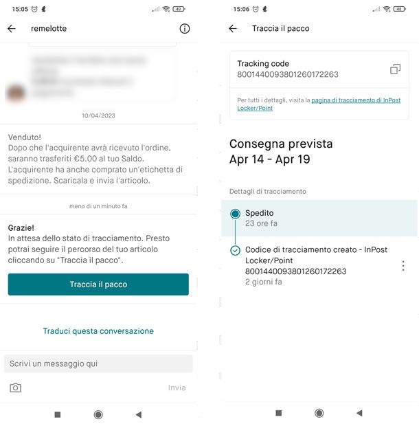 tracciamento del pacco su Vinted