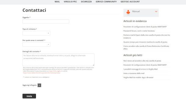 modulo di contatto Web su sito Virgilio Aiuto