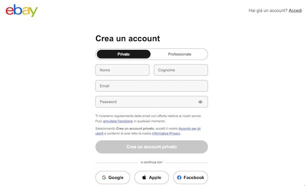 Iscriversi su eBay