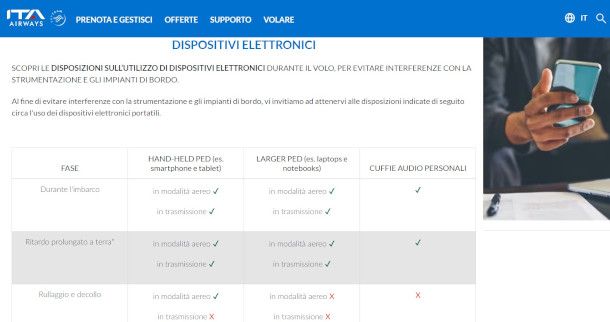 pagina informativa sito ITA Airways con disposizioni sull'utilizzo dei dispositivi elettronici