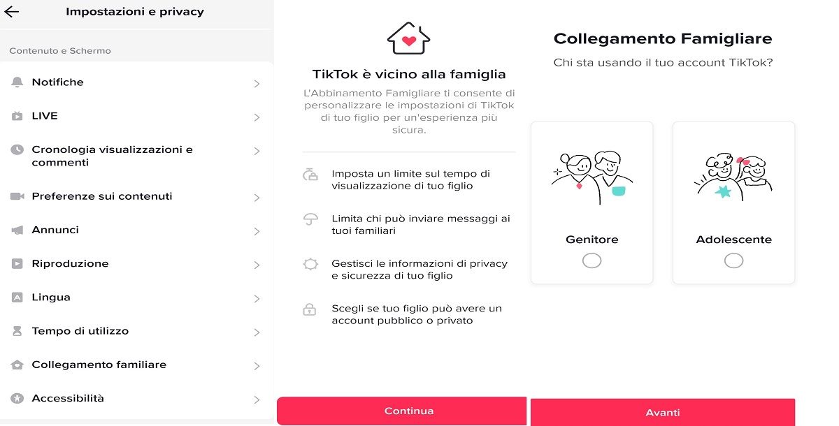 Il Collegamento familiare e la Modalità limitata di TikTok