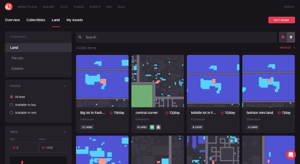 Decentraland — marketplace delle LAND
