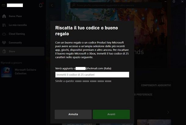 Riscattare codice Xbox da app Xbox