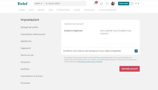 cancellazione account Vinted da sito