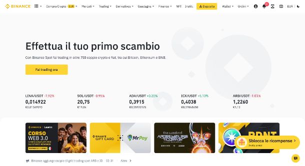 Binance exchange Home page