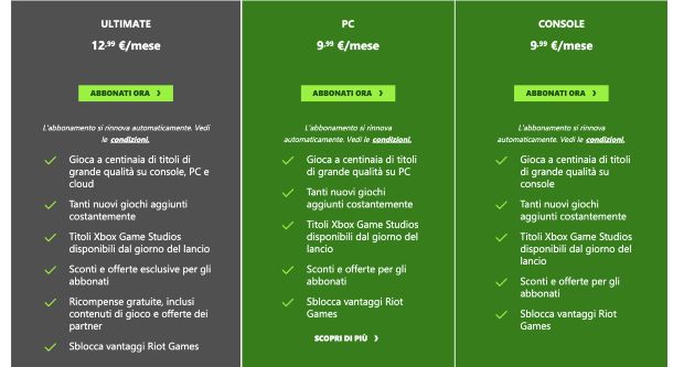 Xbox Game pass, piani abbonamento