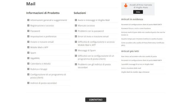 pulsante Contattaci sulla pagina Web Virgilio Aiuto