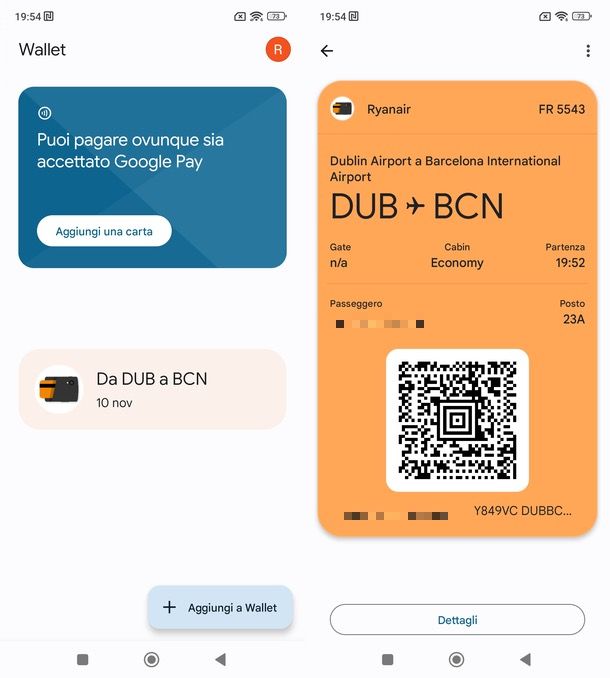Carta d'imbarco su Google Wallet