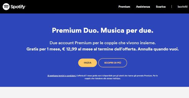 pagina Web per l'iscrizione a Spotify Duo