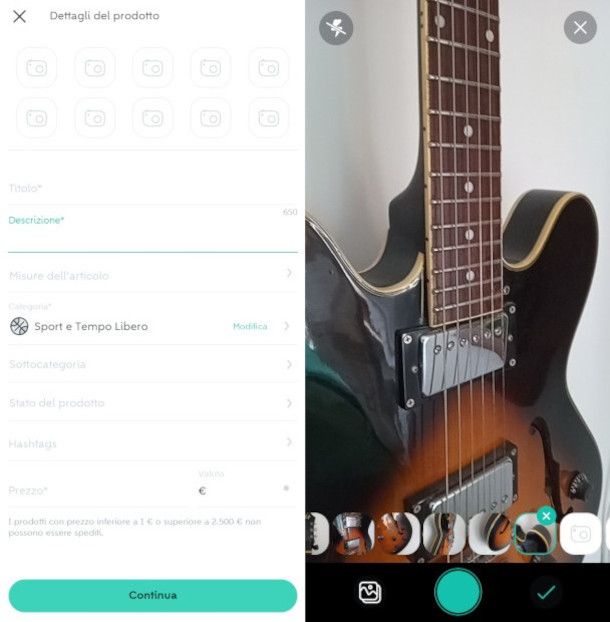 creazione inserzione di vendita su app Wallapop