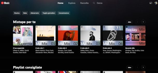 Interfaccia Web YouTube Music